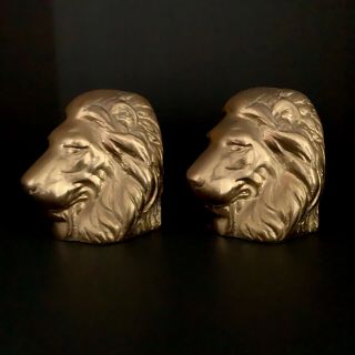 Vtg Solid Brass Lion Head Bookends Hand Crafted Mcm Decor Vtg Patina Regal