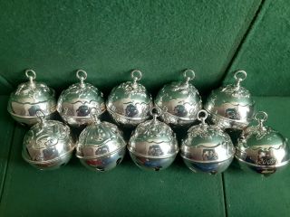 Reed & Barton 10 Silverplate Holly Bell Christmas Ornaments 2