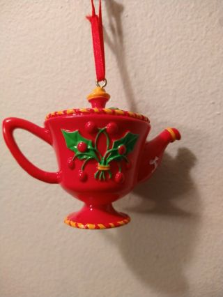 Mary Engelbreit Ceramic Red Tea Pot Christmas Holly Ornament Me Ink