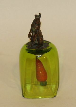 19th Century France Green Flint Glass Bell Vienna Bronze Bunny Rabbit & Carrot