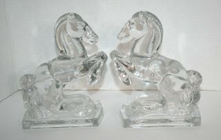 Vintage L E Le Smith Heavy Clear Glass Horse Bookends Mid Century