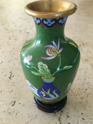 Vintage Chinese Brass Cloisonné Floral Vase Green & Blue Approx 7 " Tall
