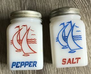Vintage Milk Glass Salt And Pepper Shakers Sailboats Red Blue Made In Usa