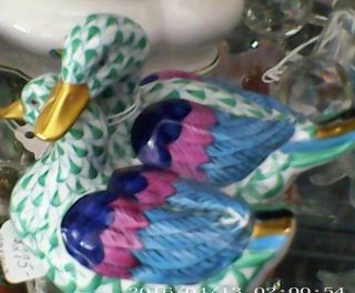 Herend Green Blue Fishnet Pair Love Ducks Figurine 5036 Bird Animal Hand Painted