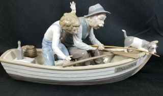 Huge Lladro 5215 Spain Fishing W/grandpa Porcelain Figurine Boy Dog Boat