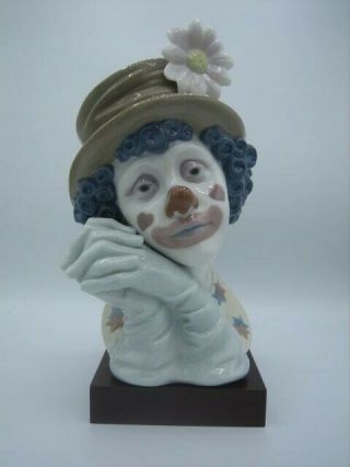 Lladro Melancholy Clown Head Bust Figurine/daisy Hat And Wood Base 5542 No Box