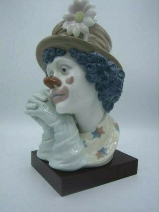 Lladro MELANCHOLY Clown Head Bust Figurine/DAISY HAT and wood base 5542 No Box 2