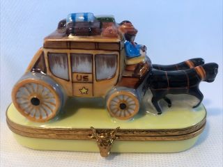 Peint Main Limoge France Artoria " Stagecoach W/ Horses " Trinket Box