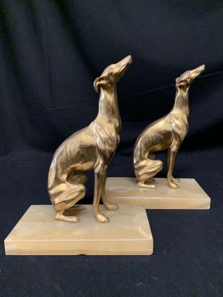 Greyhound Dog Book End Sculpture Statue Bronze With Alabaster Base