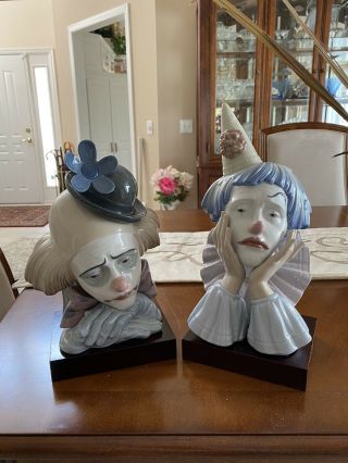 Lladro Porcelain ' Jester ' s Heads (5129) sad clown (5130) pensive clown both boxe 2