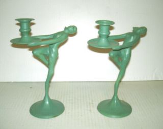 Extremely Nuart 1928 Art Deco Nude Lady Cast Metal Candleholders