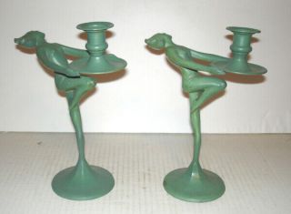 Extremely Nuart 1928 Art Deco Nude Lady Cast Metal Candleholders 2