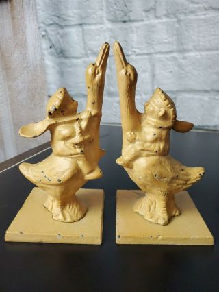 Rare Antique " Old Mother Goose " (2) Cast Iron Bookends Chippy Yellow Paint 8 " X4 "