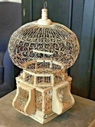 Vintage Bird Cage Wooden Dome Shabby Chic Cream/ Blue Distressed Decoration