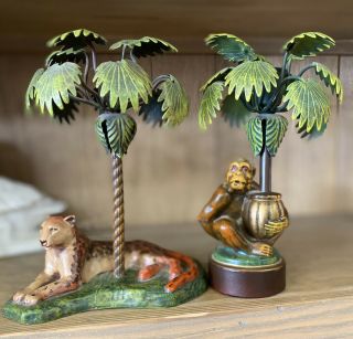 Two Vintage Cast Metal Petites Choses Leopard Monkey Candle Holders Candlesticks