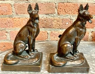 Antique Paul Herzel German Shepherd Police Dog Bronze Bookends 79