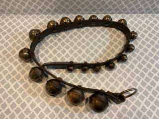19 Vintage Petal Type Brass Horse Sleigh Bells On 48” Leather Strap W/ Iron Ring