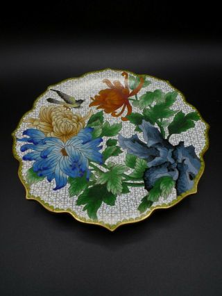 Antique Chinese Cloisonne Scalloped Edge Enamel And Brass Plate