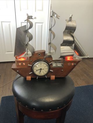 Vintage 1949 United Clock Corp Wood & Chrome Light Sailing Ship Mantel Clock
