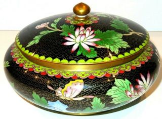 Large Antique Vintage Chinese Cloisonne Enamel Brass Bowl Jar Box W Lid Trinket