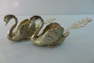 Antique/vintage Swan Shaped Solid Silver Salt & Pepper Holders With Spoons