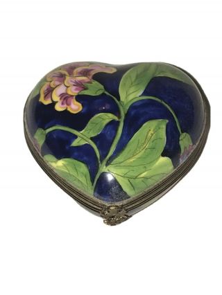 Limoges France Imports Peint Main Porcelain Blue Floral Heart Trinket Box