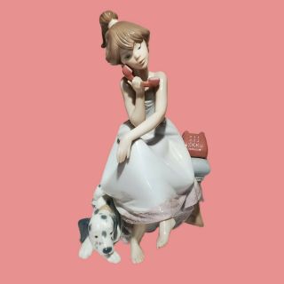 Lladro 5466 Chit Chat Girl On Phone With Dalmatian Dog At Side