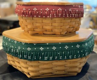 2 Longaberger Hexagon Baskets W/ 2 Lids,  Plastic Inserts,  & Liners -