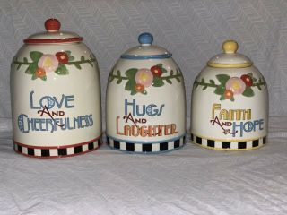 Mary Engelbreit Recipe For Happiness Canister Set 3 2003 Retired Red Blue Yellow