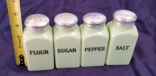 Vintage Green Milk Glass Salt & Pepper Sugar Flour Shakers Depression Jadeite 2