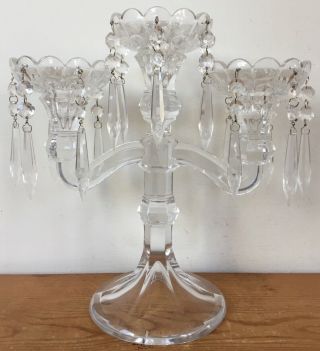 Vtg Antique 3 Arm Crystal Candelabra Candlestick Holder Prisms 11 " Centerpiece