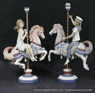 2 Lladro Carousel Figurine Girl & Boy On Horse 1469 1470 - For Repair