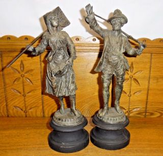 Two Antique Spelter Metal Figurines / Statues - Bases - 11 1/2 "