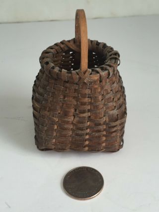 Vintage Miniature Hand Woven Splint Basket Square With Handle 3 1/2 " Tall