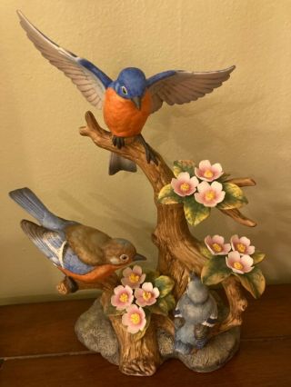 Andrea By Sadek Porcelain Bird Figurine,  " Bluebird Family "
