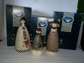 3 Williraye Studio Folk Art Snowman Snowlady Wire Arms Ww2363 Ww2364 Ww2365 Box