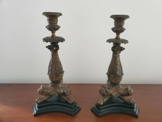 2 Bronze Claw Foot Candlestick Holders 12.  25in