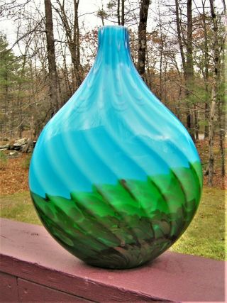 Murano Art Glass Vase Heavy Blue Green Aventurine Swirls Cased