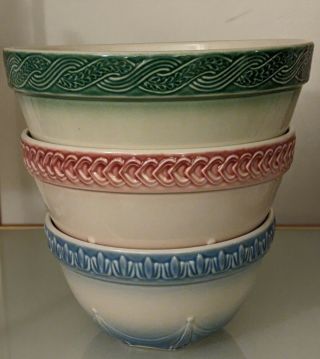 Longaberger Pottery American Craft 3 Nesting Mixing Bowls Red Green Blue S,  M,  L