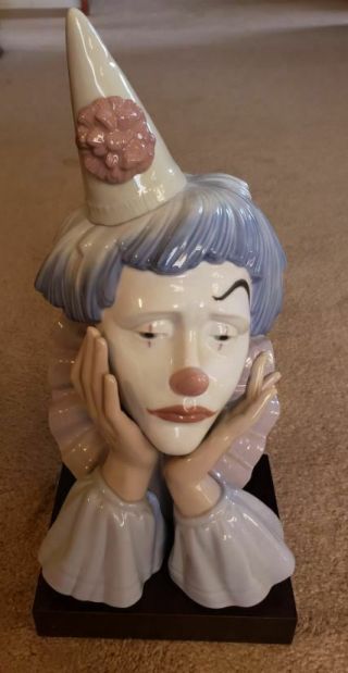 Lladro Figurine Clowns Head Model 5129 With Mahogany Stand Retired 1981