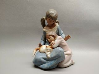Lladro Gres Figurine Little Sister Girl With Cat