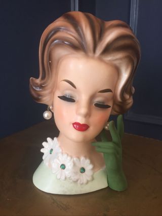 Vintage Lady Head Vase Napcoware C6429 1950s 7 1/2 Inches - Green W/ Earrings
