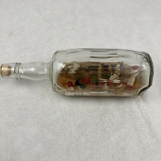 Vintage Ship In A 11 " Glass Bottle 2 Boats With Houses Trees Lighthouse Windmill