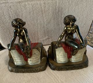 Vintage Set Art Deco Nude Lady Sitting On Book Brass Book Ends