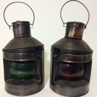 Vintage Nautical Oil Lamps Port & Starboard Lanterns Maritime Metal Ship Lights