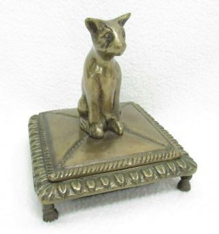 Vtg Brass/bronze Cat On Pillow Trinket Box Dish Elegant
