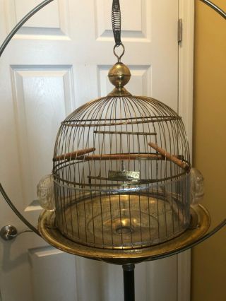 Antique Hendryx Brass Wire Bird Cage 2 Vintage Glass Feeders,  Seed Guard.
