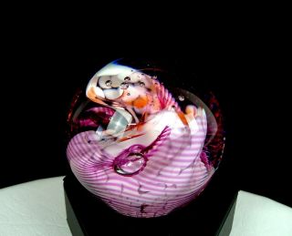 Glass House Studio Artist Signed Cranberry Rings White Mottled 3 " Paperweight