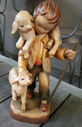 Vintage Anri Wood Carving M2250 Boy With Sheep Made In Italy Pristine