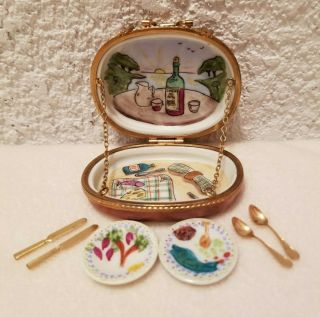 Limoges Box “picnic Basket With All The Trimmings” Plates & Utensils (rochard)
